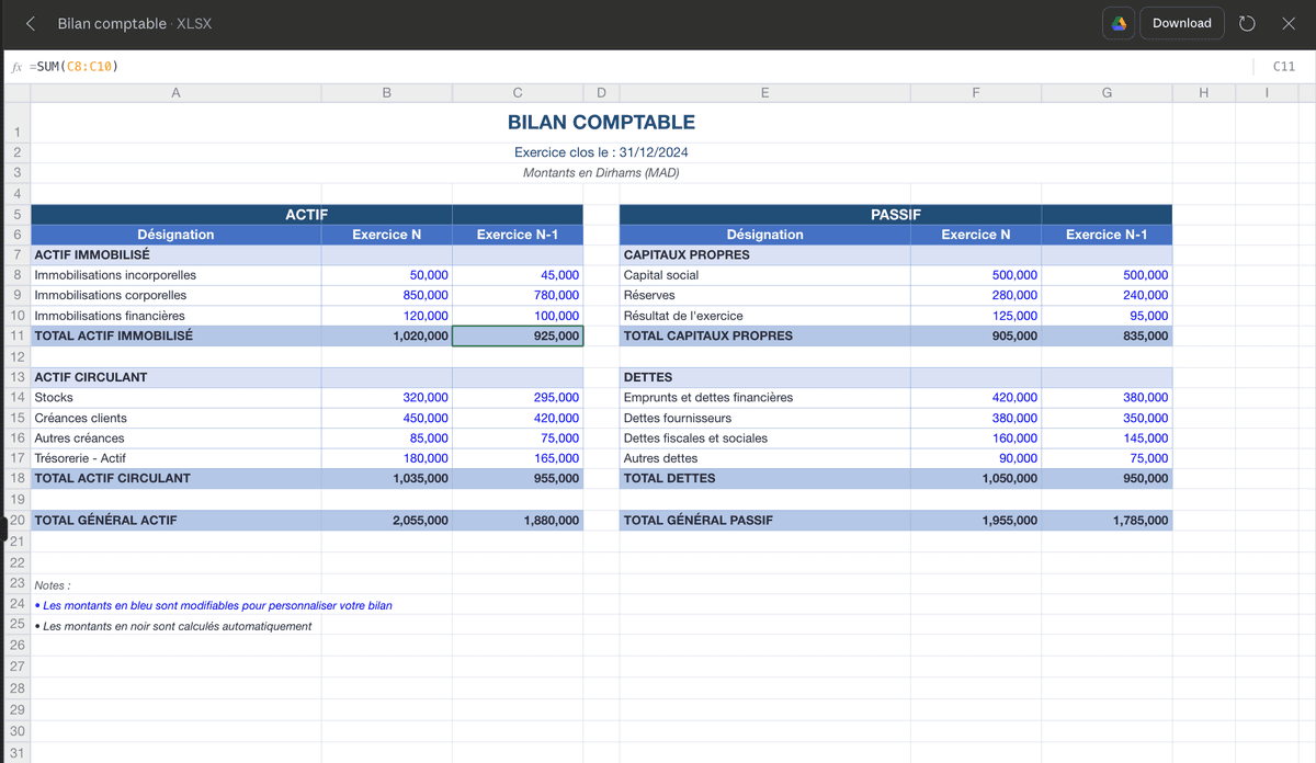 Bilan Comptable Marocain - Modèle Excel Professionnel et Moderne